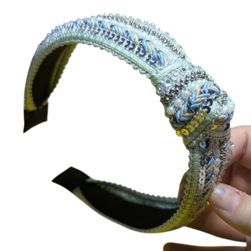 Women's Knotted Headband Mint Colors Beaded Embroidery NEW - Picture 8 of 8